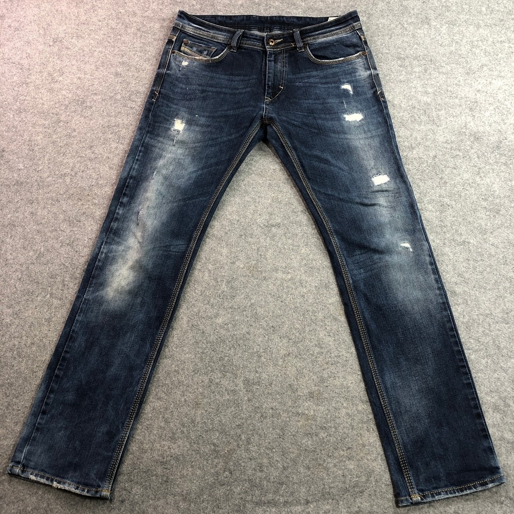 Diesel Industry Men Thavar Skinny Jeans 34x32 Dark Blue Distressed Stretch 0830J